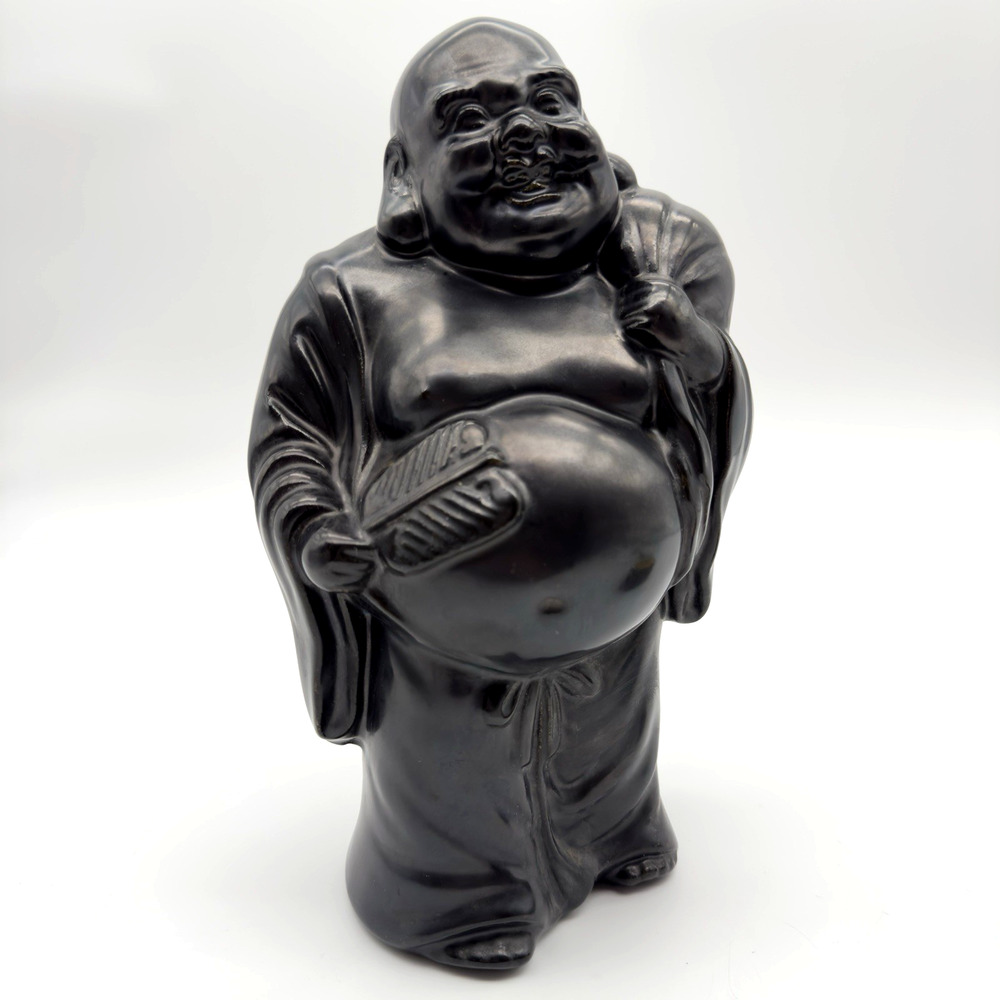 Vintage Laughing Buddha Figurine Statue Budai Hotei Black Ceramic 12" Tall